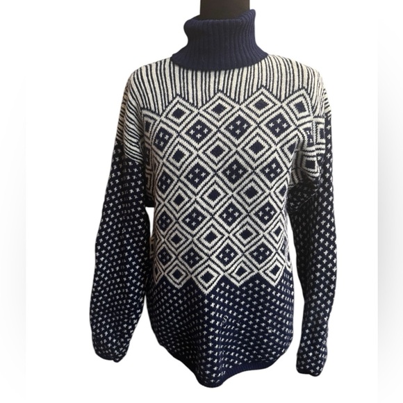 1980’s ESPRIT LAMBSWOOL VINTAGE Nordic Fair Isle Blue White Sweater Cardigan MED - Picture 1 of 16